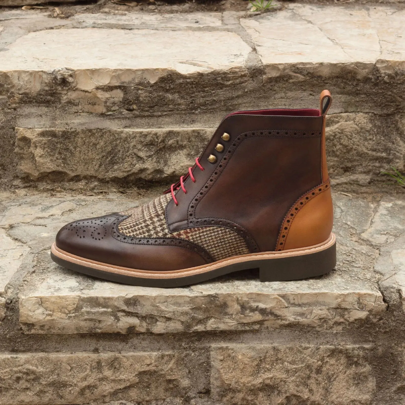DapperFam Valiant in Tweed / Cognac / Dark Brown Men's Sartorial & Italian Leather Military Brogue