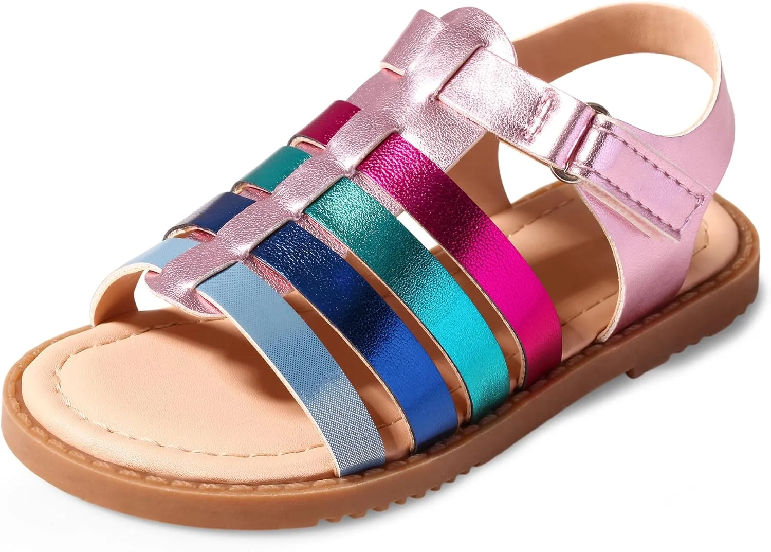 Dodow Girls Sandals Open Toe Hook and Loop Flat Dress Sandals Summer Shoes for Toddler Little Kid