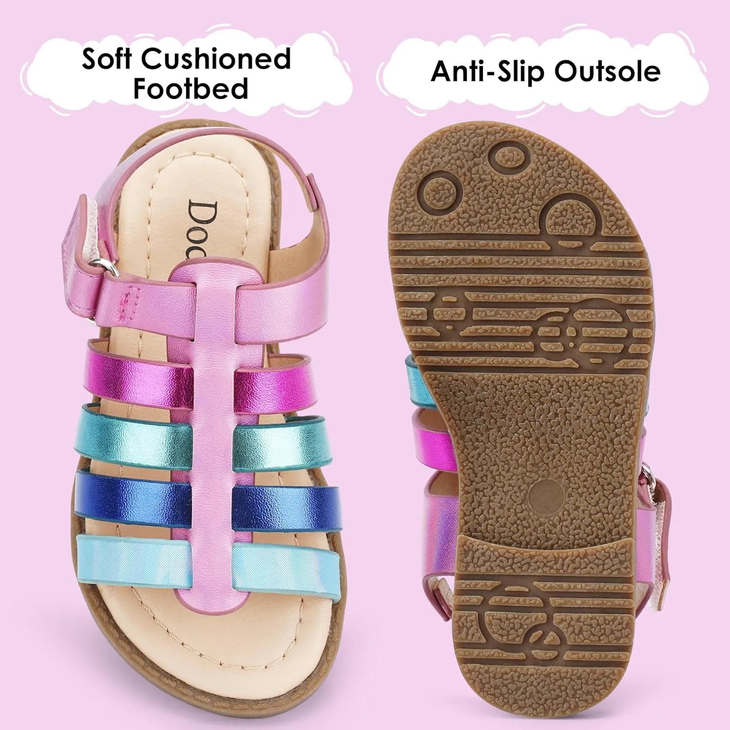 Dodow Girls Sandals Open Toe Hook and Loop Flat Dress Sandals Summer Shoes for Toddler Little Kid