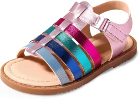 Dodow Girls Sandals Open Toe Hook and Loop Flat Dress Sandals Summer Shoes for Toddler Little Kid