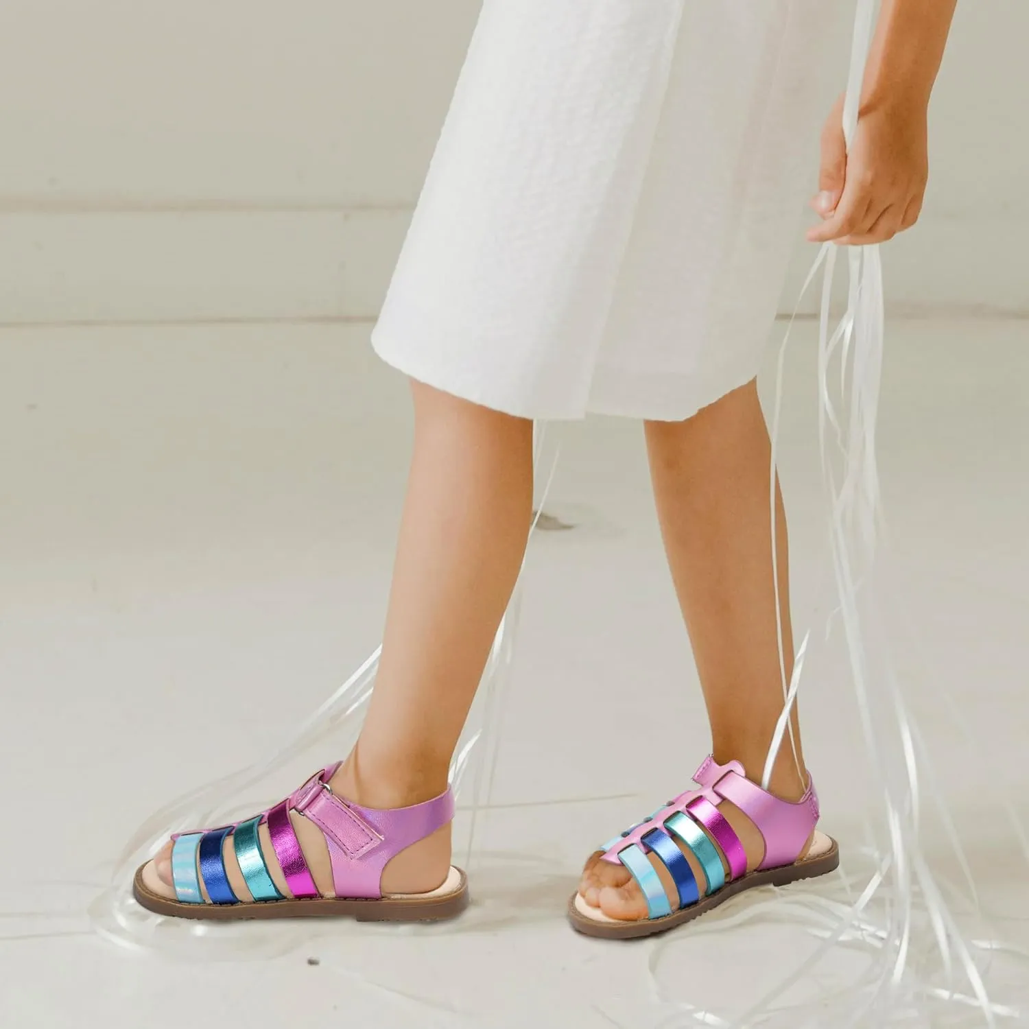 Dodow Girls Sandals Open Toe Hook and Loop Flat Dress Sandals Summer Shoes for Toddler Little Kid