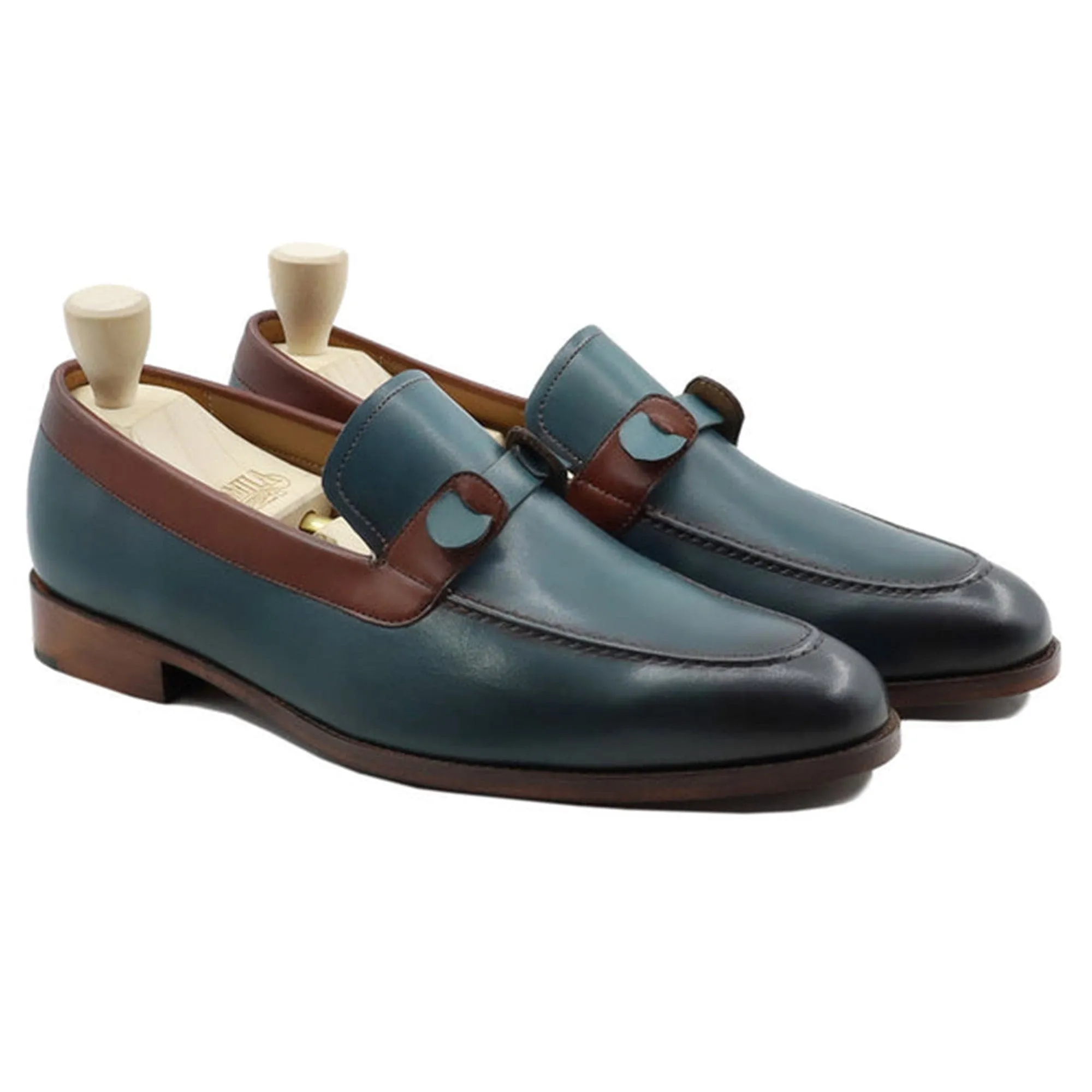 Handmade Custom Sea Green Calf Leather Mens Loafers