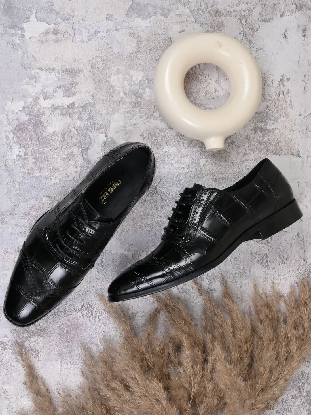 Men Black Animal Print Oxford Shoes