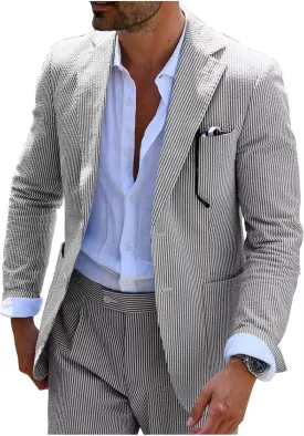 Mens Blue Seersucker Summer Suits Grooms Sear Sucker Suit for Wedding Mens Formal Suits Slim Fit