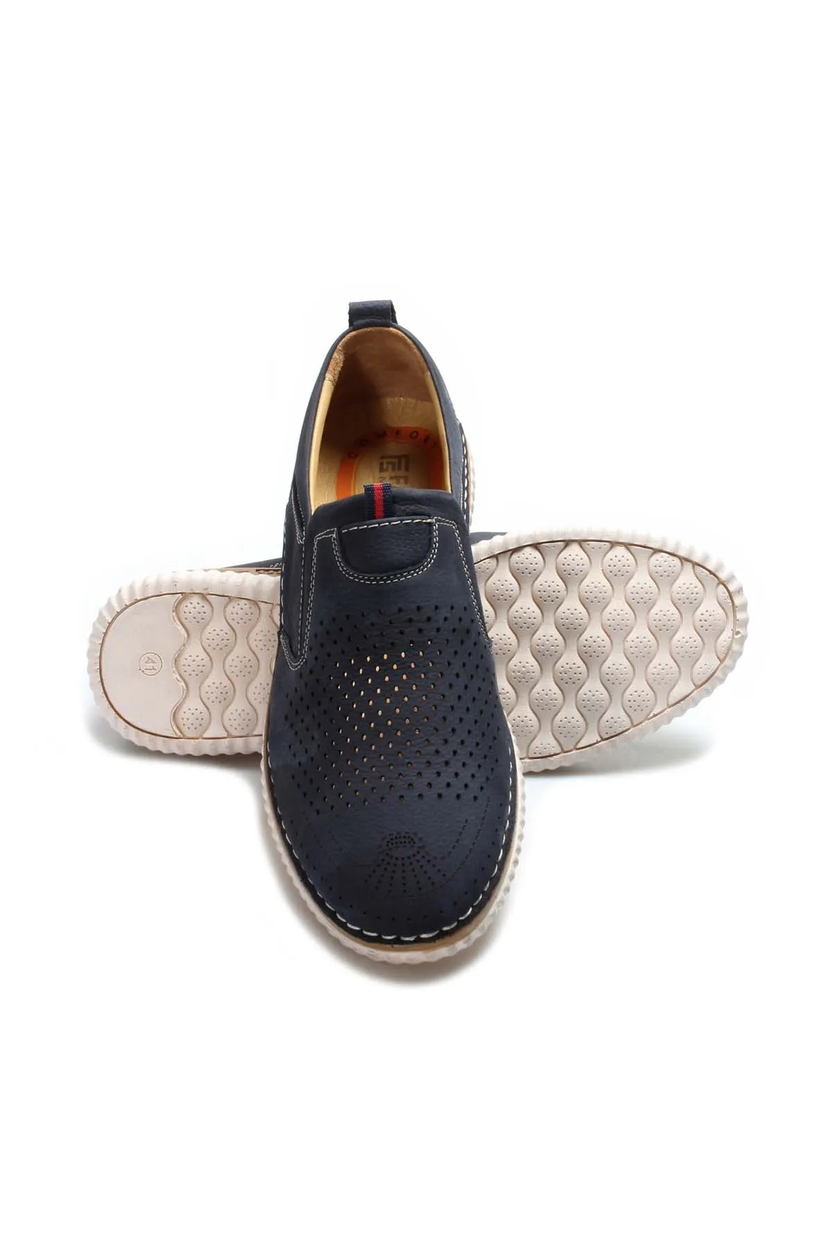 Men's Navy Blue Perforated Slip-On Loafers with Contrast Stitching and Cushioned Sole - Wessi