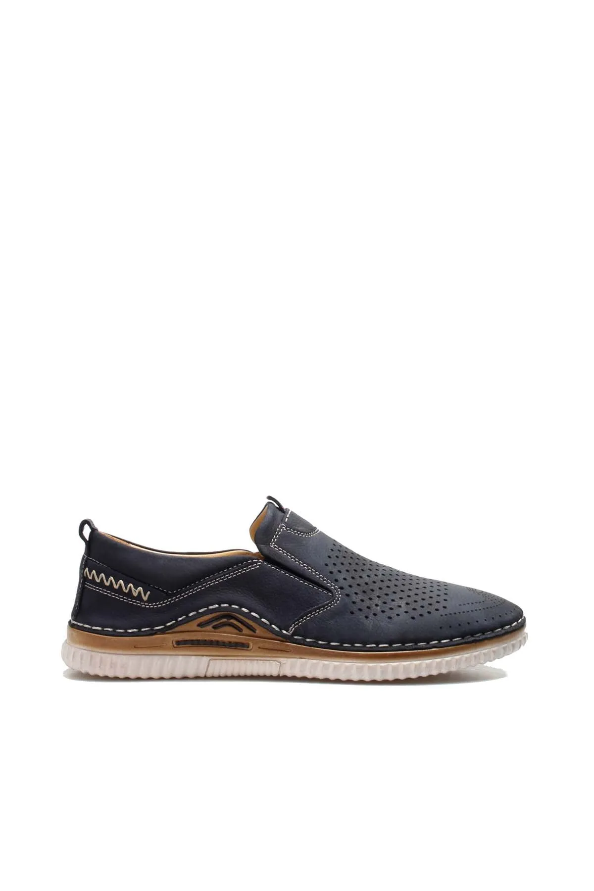 Men's Navy Blue Perforated Slip-On Loafers with Contrast Stitching and Cushioned Sole - Wessi