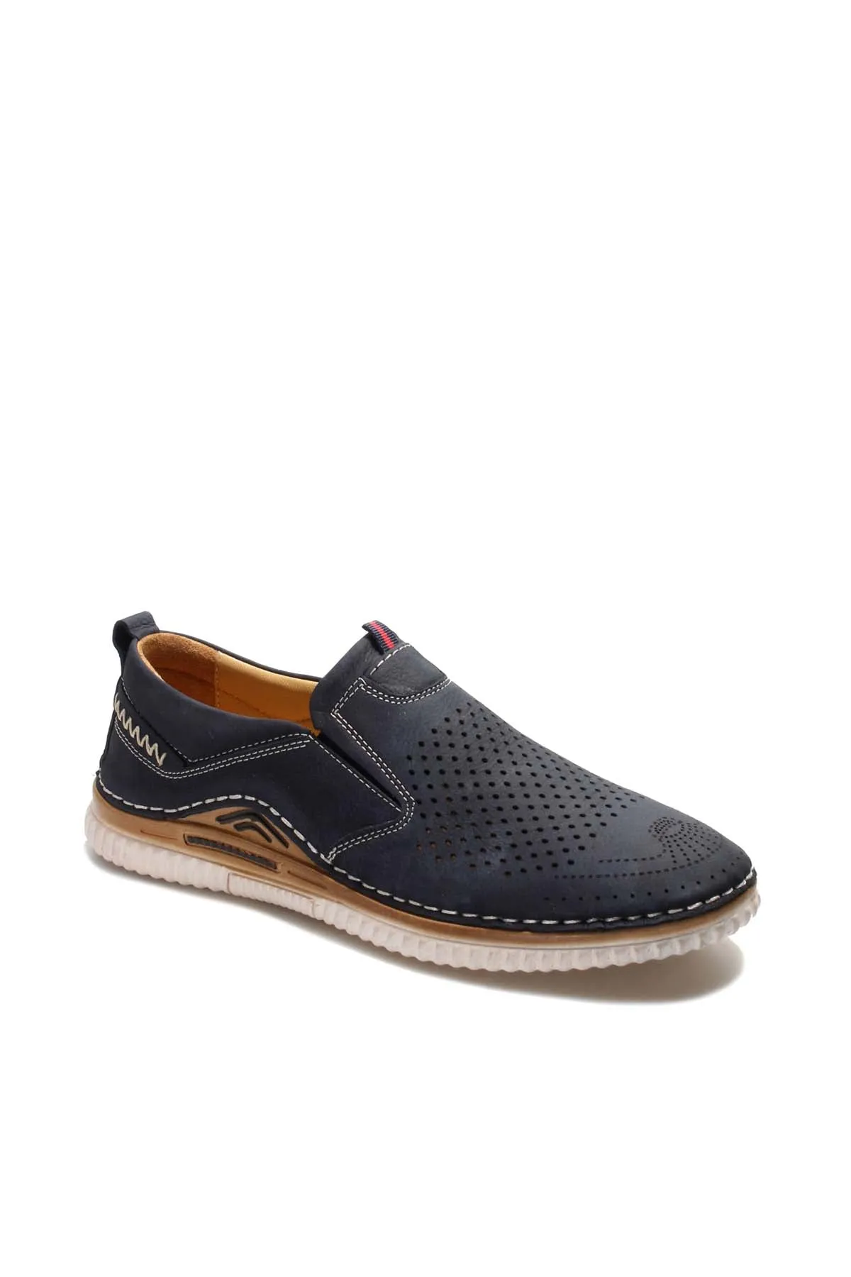 Men's Navy Blue Perforated Slip-On Loafers with Contrast Stitching and Cushioned Sole - Wessi
