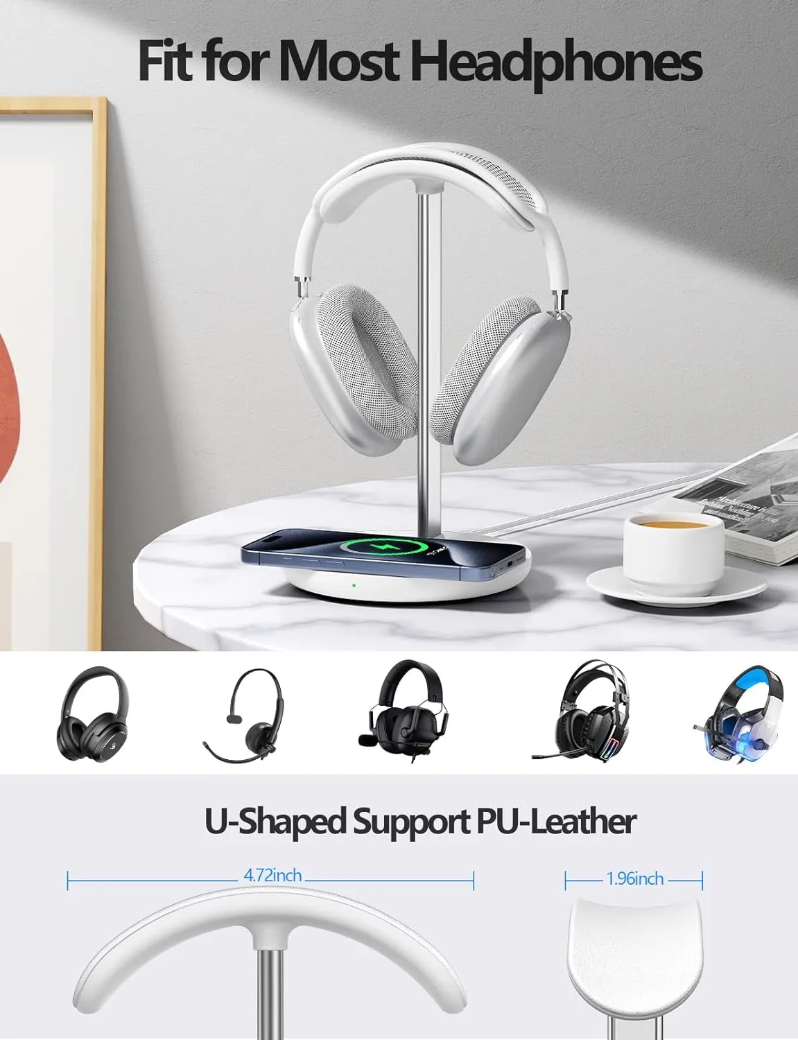 Miroddi Headphone Stand with Wireless Charger, Independent USB Charging Port, 5 in 1 Charging Station Headset Holder Rack for AirPods Max/Pro/4/3/2, iWatch, iPhone, Samsung and Desk Headphones, White