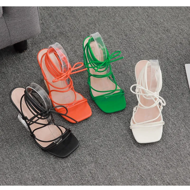 New Arrival Crystal Stiletto Women's Roman Strappy Square Toe Transparent High Heel Sandals