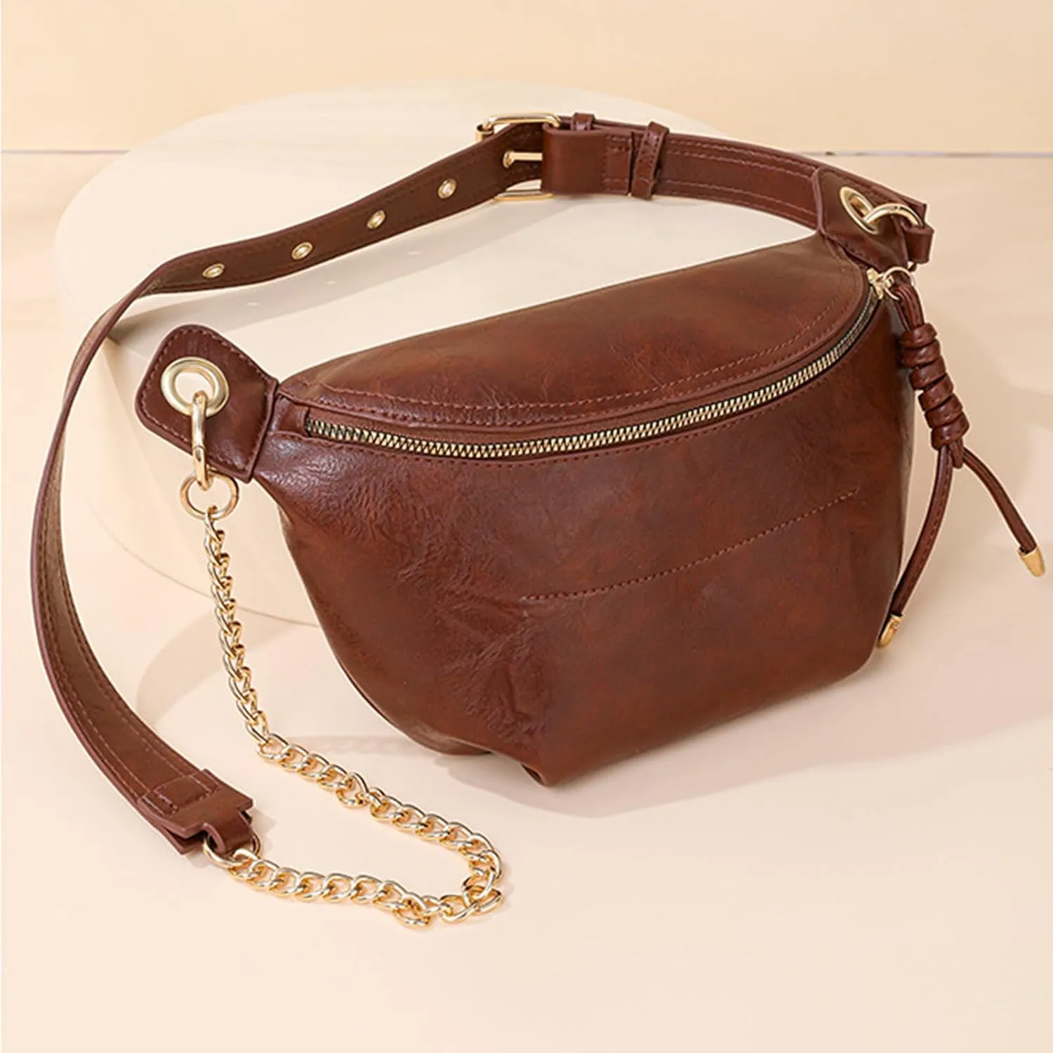 PU Leather Fanny Pack Crossbody Sling Bag for Women - Trendy Belt Bag with Adjustable Strap, Lightweight for Travel Daily Use (Dark brown)