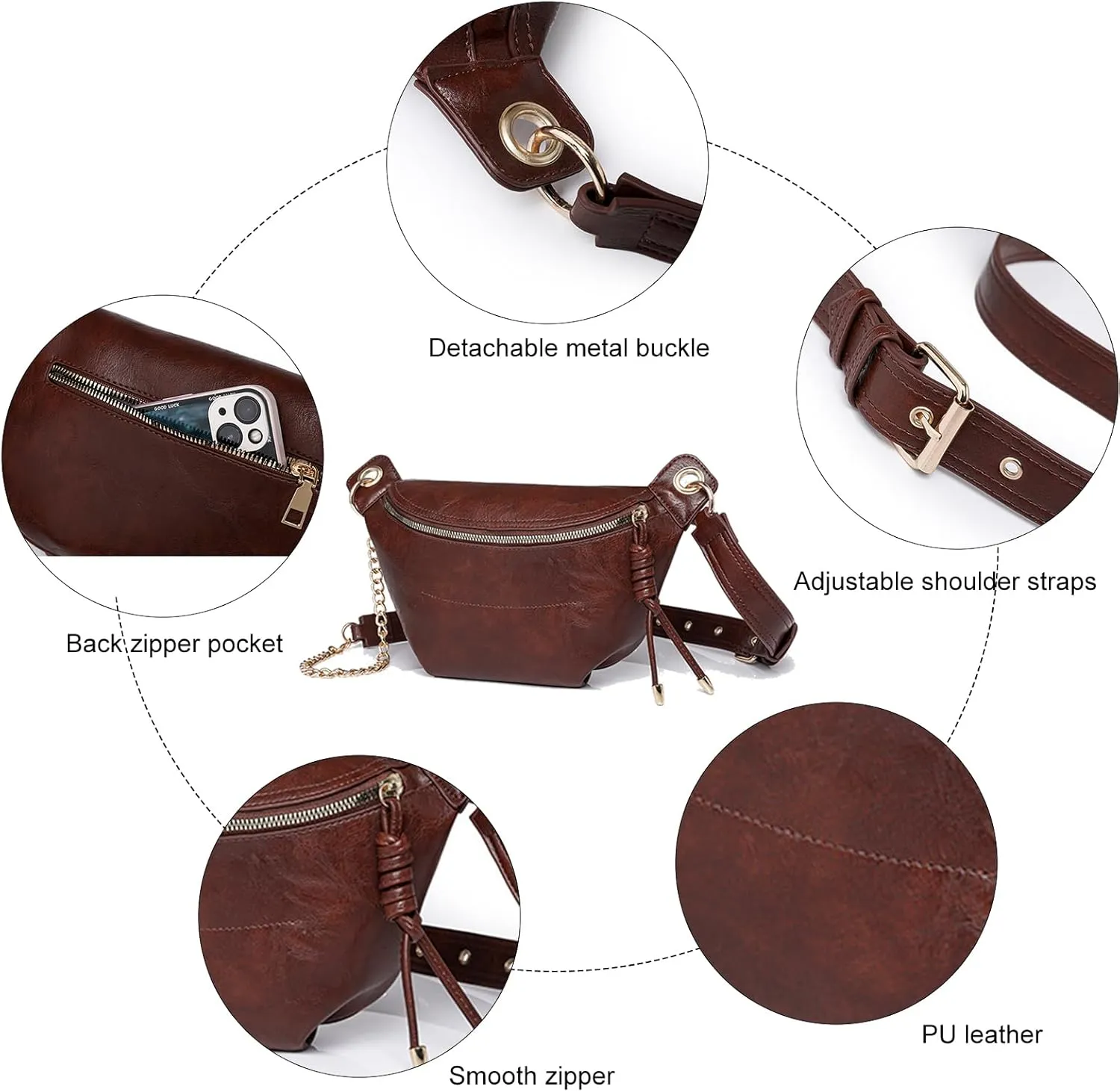 PU Leather Fanny Pack Crossbody Sling Bag for Women - Trendy Belt Bag with Adjustable Strap, Lightweight for Travel Daily Use (Dark brown)