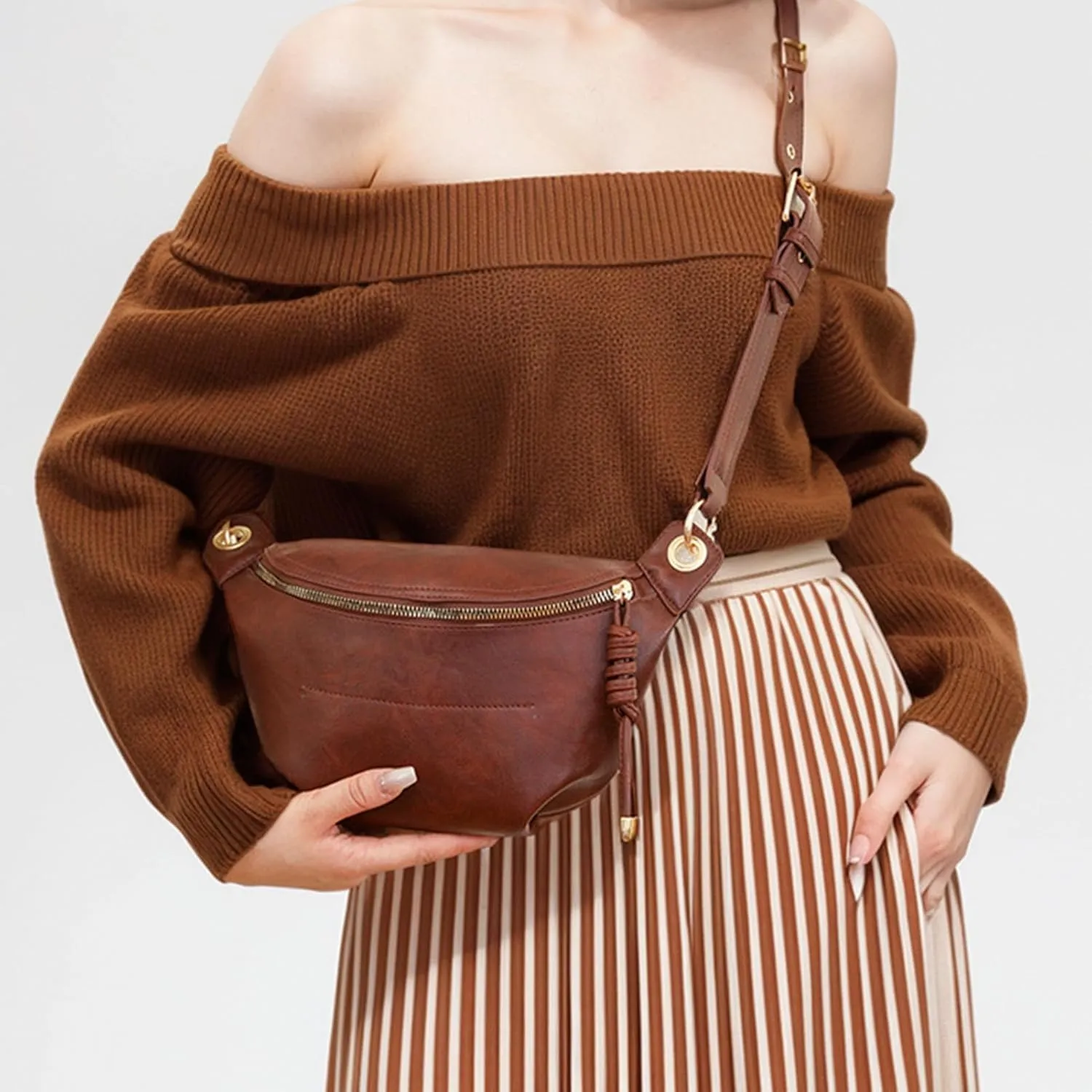 PU Leather Fanny Pack Crossbody Sling Bag for Women - Trendy Belt Bag with Adjustable Strap, Lightweight for Travel Daily Use (Dark brown)