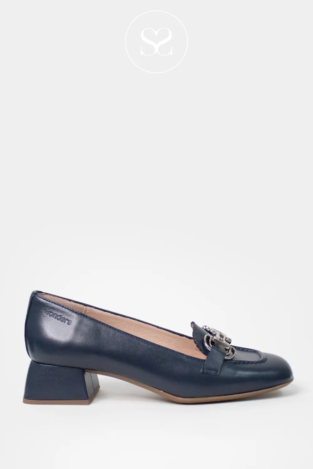 WONDERS D-1221 NAVY LEATHER BLOCK HEEL LOAFERS
