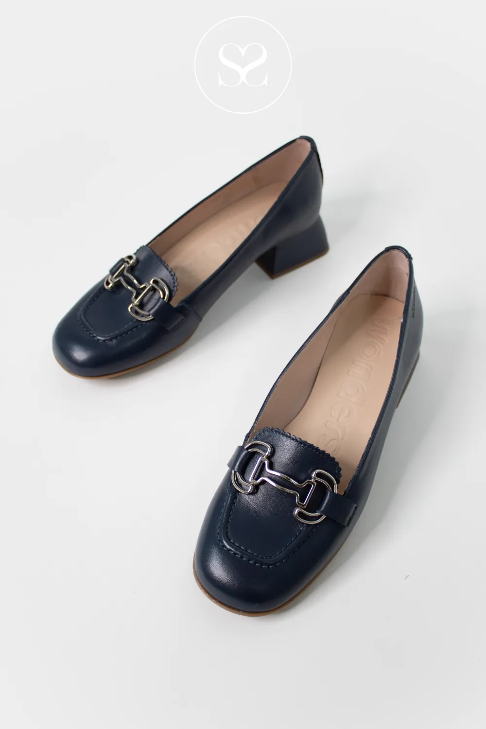WONDERS D-1221 NAVY LEATHER BLOCK HEEL LOAFERS